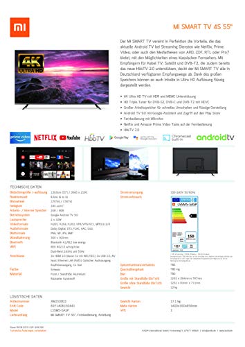 Xiaomi Mi Smart TV 4S 55 Zoll (4K Ultra HD, Triple Tuner, Android TV 9.0, Fernbedienung mit Mikrofon, Amazon Prime Video und Netflix) ✪